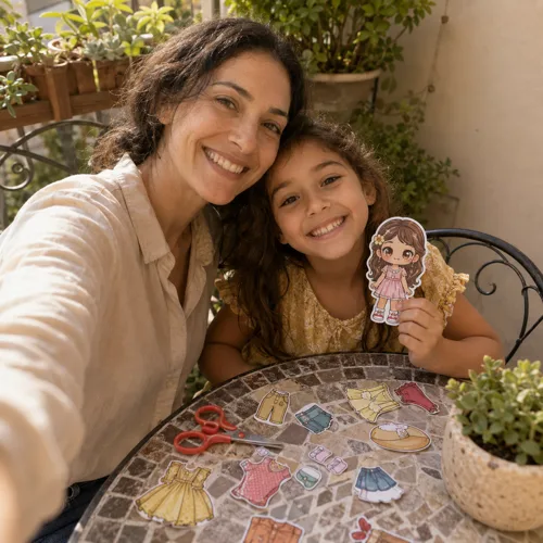 Madre e hija jugando con Muñecas de Papel